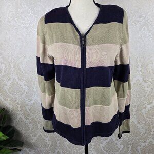 Christopher & Banks Sz Medium Striped Zip Up Cardigan Navy Light Green Cream VTG
